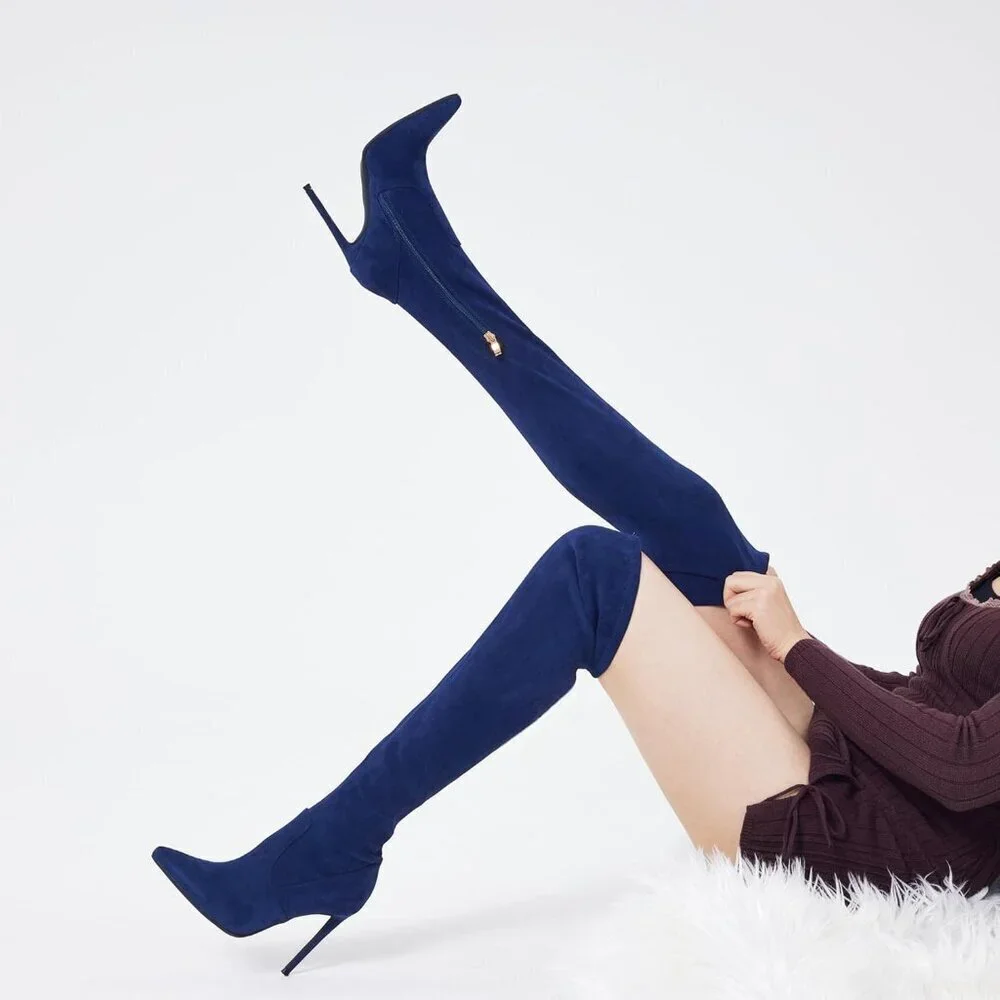 Women Navy Blue Suede Pointed Toe 4.3 inch Stilettos Thigh High Heels Boots